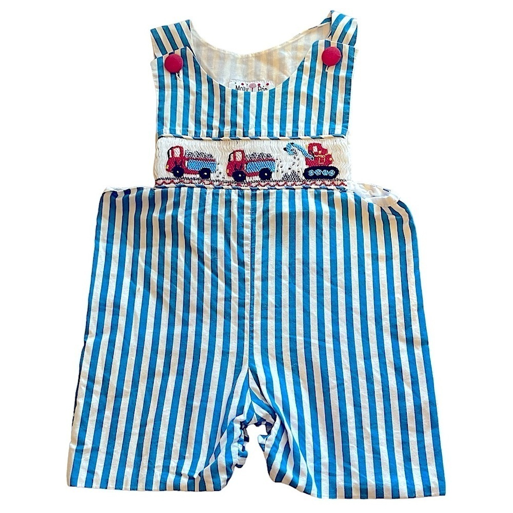 Molly Pop Smocked Overall Romper Blue & White Stripes Trucks & Dozer 18 Months